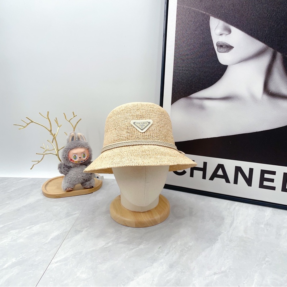 Prada Triangle Logo Straw Bucket Hat - Picture 2 of 8